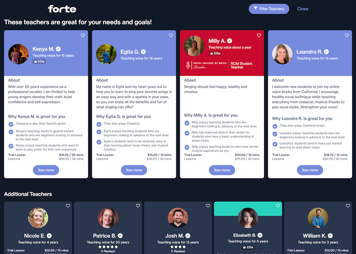 Teacher Matching Results for a teacher on Forte