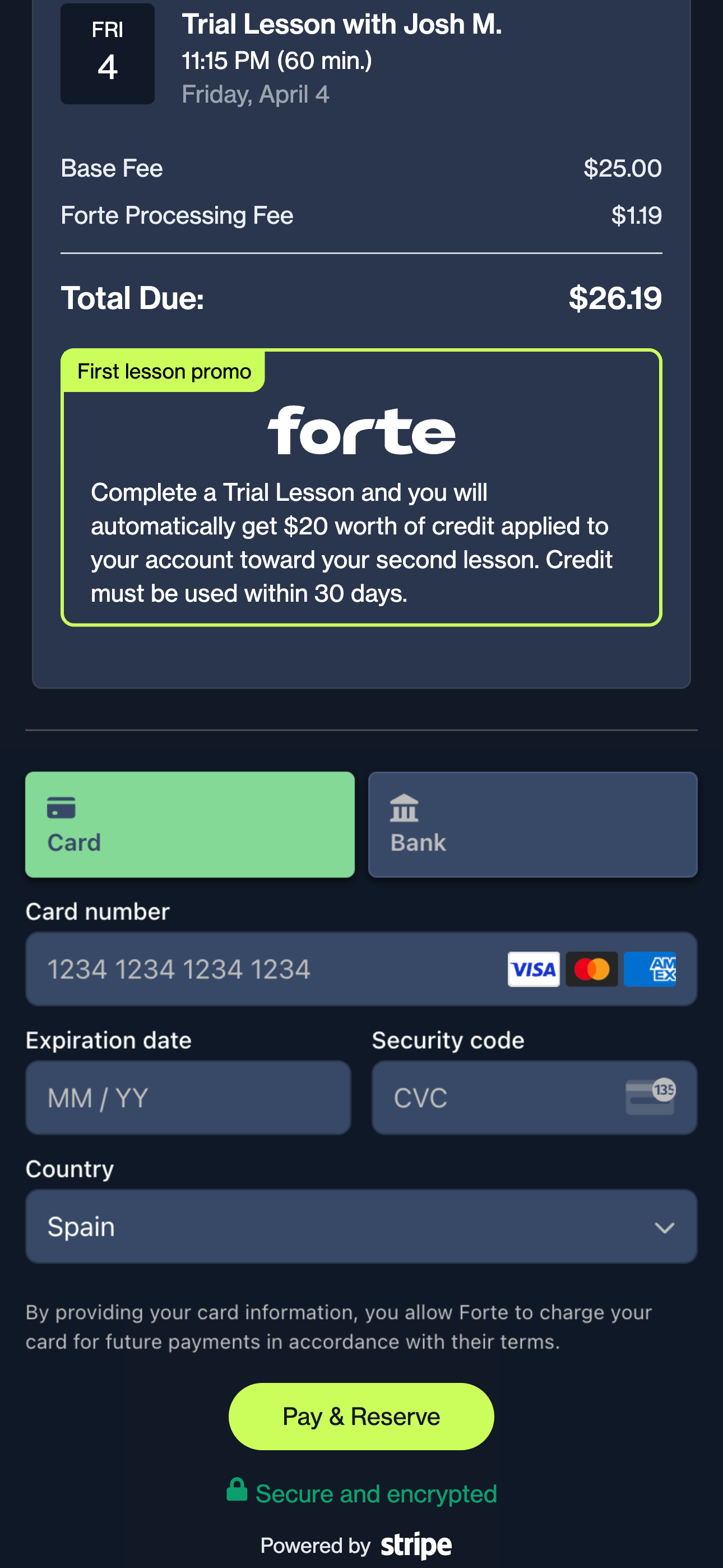 Trial Lesson Payment Method for Forte